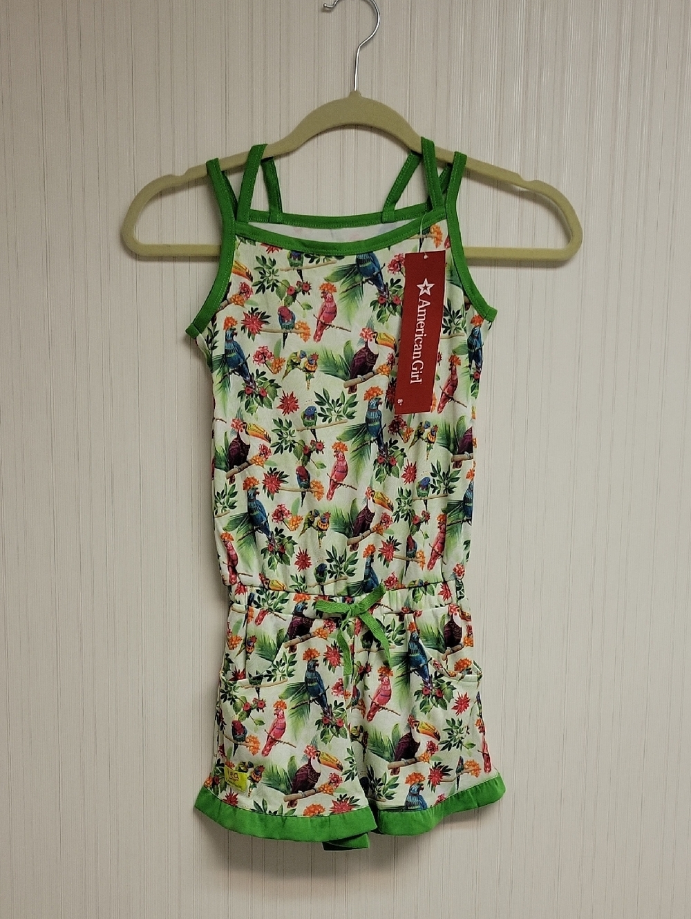 American Girl Green Tropical Parrot Print Romper Small (7/8) New Summer Tropical